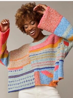 Sincerely Jules Sharlene Mixed Pattern Patchwork Cropped Knit Sweater M / L